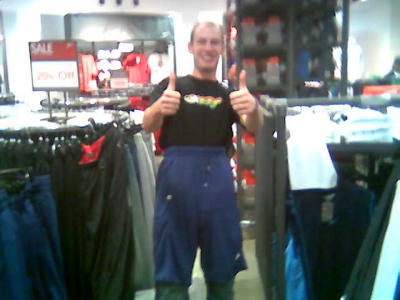 Shoop, trying on rediculously oversized gym shorts in San Ysidro