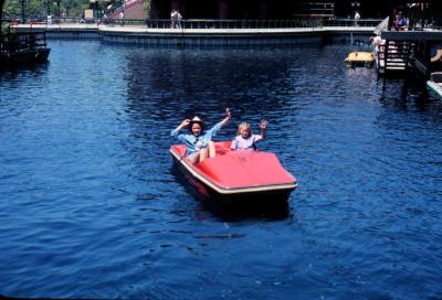 Val and Jen in a paddleboat somewhere