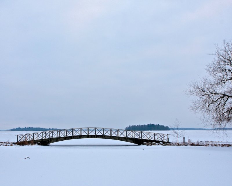 Boardwalk bridge by lake Mlaren.