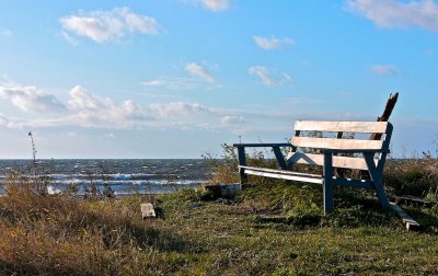 The blue bench by the sea.