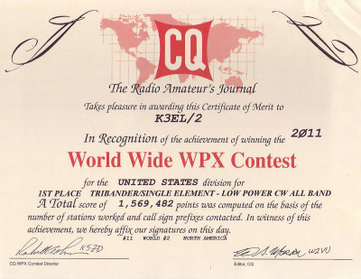 K3EL CQ WPX contest certificate 2011