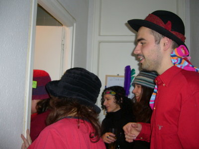crowded round the bathroom to see funky hat changes