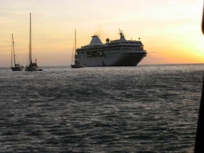 M/S Paul Gauguin at sunset from Bay of Hanavave