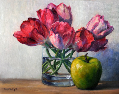 Red Tulips & Green Apple Still Life by Elizabeth Floyd