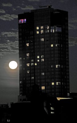Full Moon Sliding Behind Trump SOHO Hotel Tower