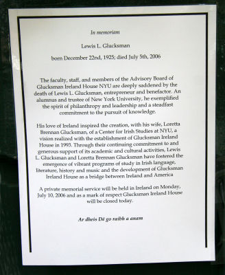 NYU Irish House Memorial Notice