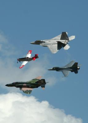 Heritage Flight (clockwise from top: F-22, F-16, F-4, P-51)