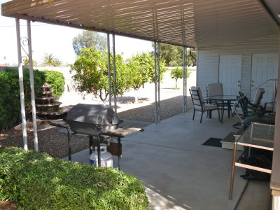 A patio in the back