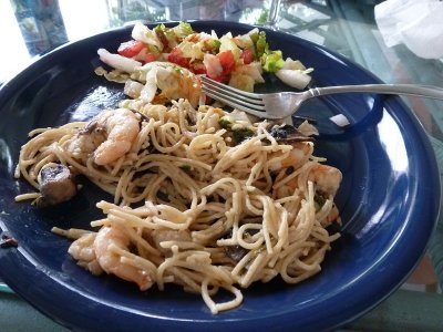 Allen's gourmet meal of pasta, shrimp, bay scallops and mushrooms. It was fabulous! P1020112copy.jpg