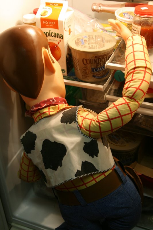 BIG WOODY IS SEARCHING FOR SOMETHING TO EAT UNTIL HE SPIES THE CHAMPAGNE IN THE BACK.