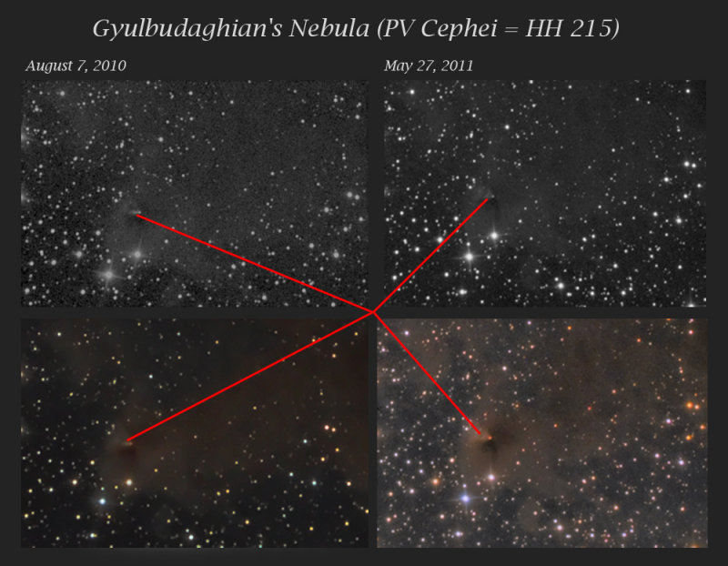 Gyulbudaghians Nebula (PV Cephei = HH 215) - The disappearing jet: Aug 7 2010 - May 27 2011