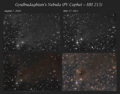 Gyulbudaghian's Nebula (PV Cephei = HH 215) - The disappearing jet: Aug 7 2010 - May 27 2011