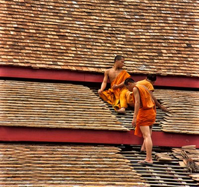 Monks Repairing a Temple Roof