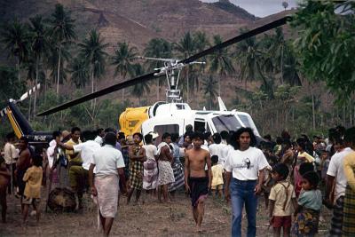 Helicopter ran out of fuel and landed in Lombok bringing all the villagers out shouting 'Garuda' (eagle)