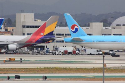 Seoul mates!! Asiana Boeing 747 and Korean Air Boeing 777.  Both caryring the flag of South Korea