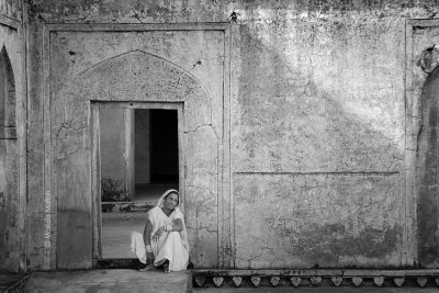 A Woman in Yellow Dress B&W - Amber Fort, Jaipur, India