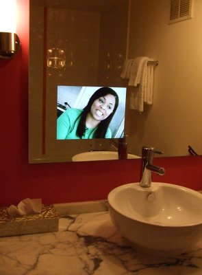 Our Flamingo Room Had a TV in the Bathroom Mirror
