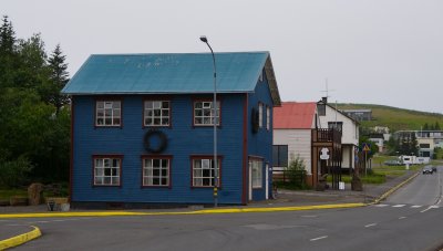Blue house, blue roof in downtown Husavik.