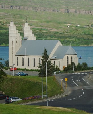 Akureyri is dominated by its church, designed by Gudjon  Samuelsson in 1940.