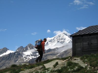 Arriving at Regondi hut, Mont Vlan in the distance