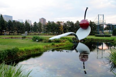 Spoonbridge and Cherry Fountain by Claes Oldenburg and Coosje van Bruggen, Minneapolis Sculpture Garden