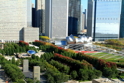 Millennium Park - Pritzker Pavilion, Cloud Gate and Crown Fountain, view from Santa Fe Building, - Open House Chicago 2011