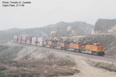 BNSF 7732 leading Eastbound MSC Containers @ Hill 582, Cajon Pass 3-11-06
