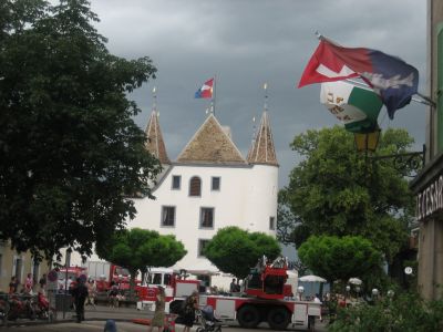 dancing flags in front of church