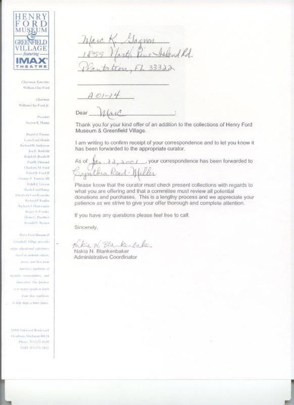Henry Ford Museum letter