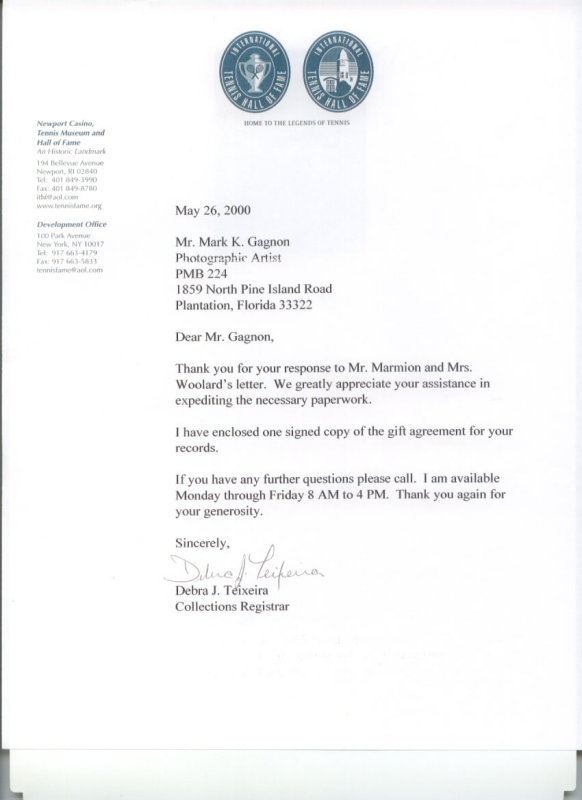 Tennis Hall of Fame letter