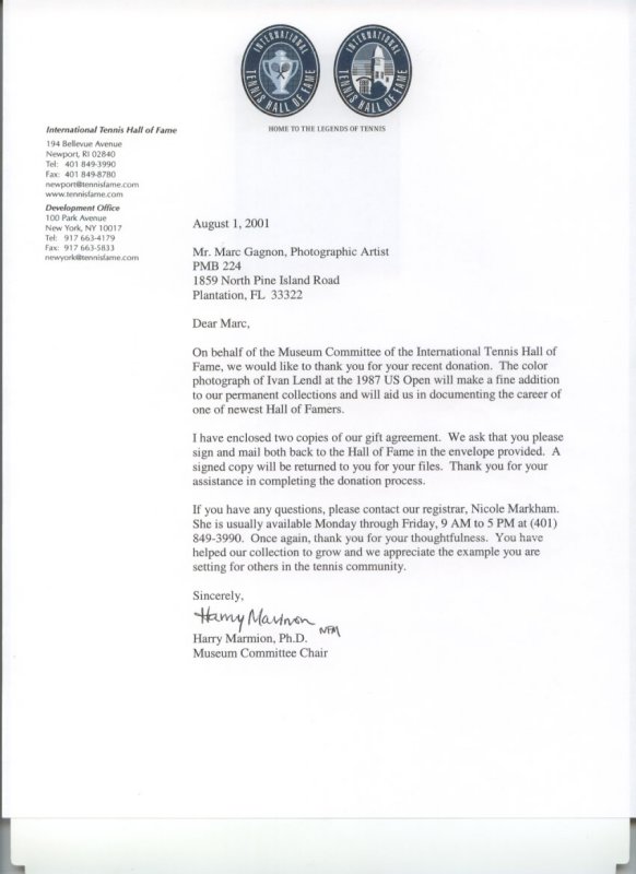 Tennis Hall of Fame letter