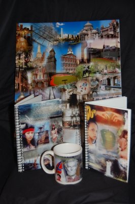 Coffee Mugs, Note books, original art and postcards
