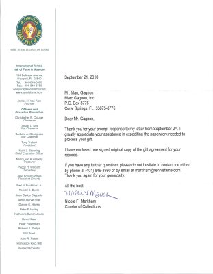 Tennis Hall of Fame letter