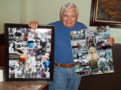 Jacques Weisel holding the Mark Twain collage and his piece