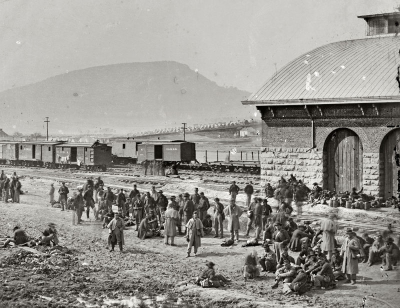 Chattanooga TN. Confederate prisoners at railroad depot, 1864