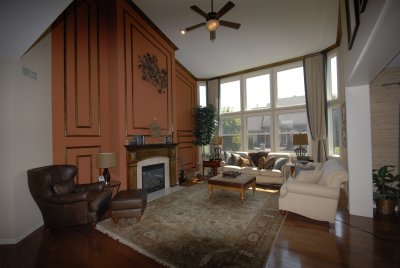 Family Room with Fireplace and Floor-to-Ceiling Windows