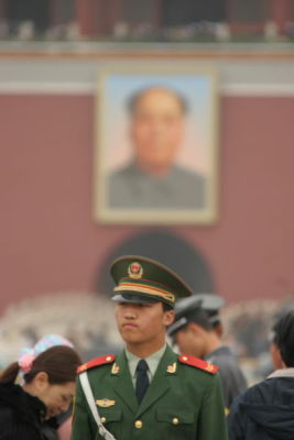 Guard in front of Mao's Portrait at Entrance to Forbidden City