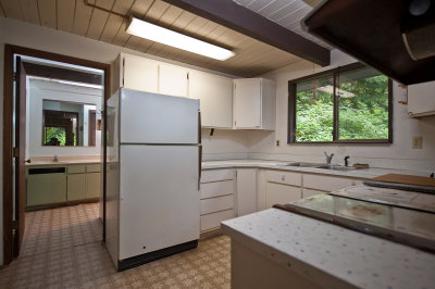 Cabin kitchen and bath toward the rear