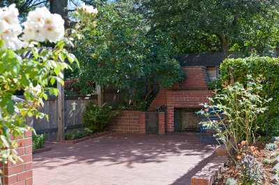 Patio and fireplace outside of family room