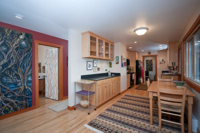Dining area and kitchen in the back