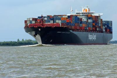 Container ship on the Elbe river