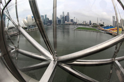 View from the Helix Bridge to the skyline of Singapore