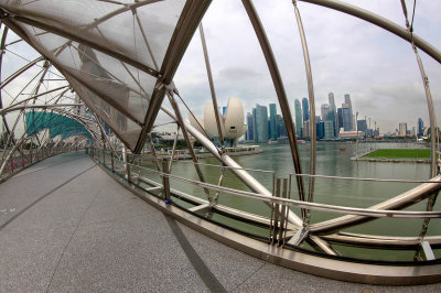 View from the Helix Bridge to the skyline of Singapore