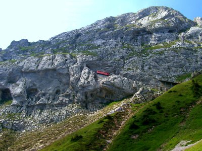 Mountain Pilatus with cablecar from Alpnachstad
