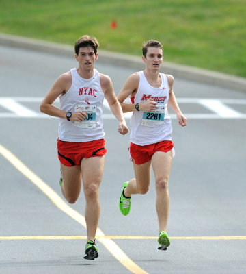 Conner Shelley (left) won the race in 15:53.  Brian Townsend finished second in 16:05 
