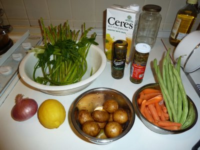 ingredients - capers, green peppercorns, asparagus, parsley, red onion, lemon, baby potatoes, baby carrots, french beans,