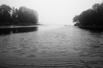 Boat and Float in Foggy Inlet