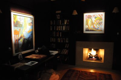 Fireplace in Library at night with Art Lighting-Main Residence