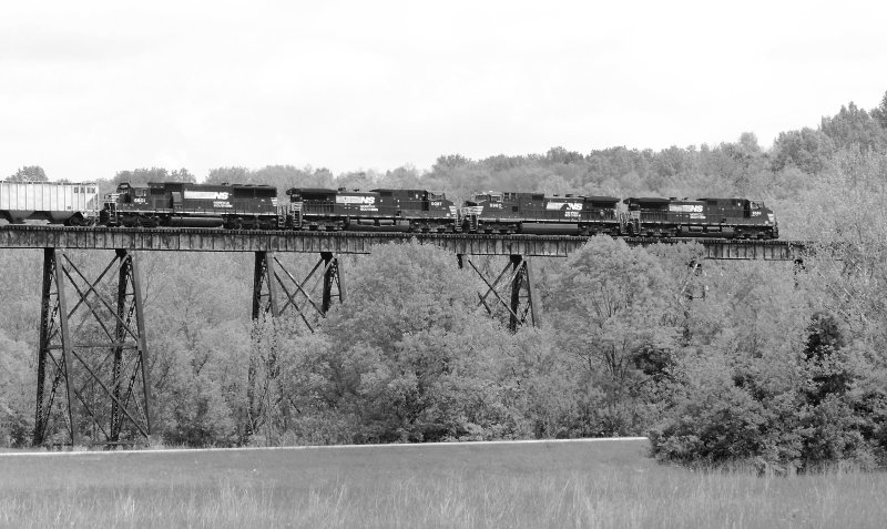 Eastbound 111 crosses the Pope Lick Bridge on a B&W kinda day 