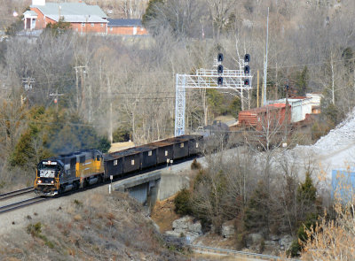 A pair of EMD's are dragging Southbound NS 197 up the hill, out of the Cumberland River valley. 
